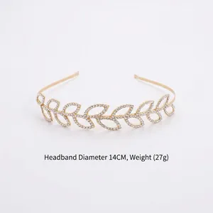 Golden leaf headband with rhinestones for women, diameter 14cm and weight 27g