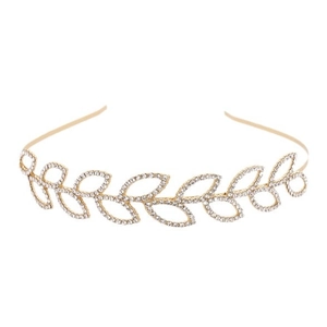 Elegant gold leaf headband with sparkling rhinestones for bridal or formal hair accessories