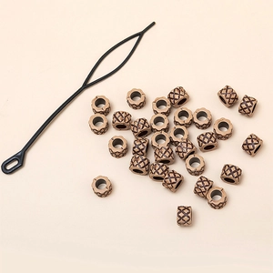 Set of 30 brown faux wood beads for dreadlocks with black hair crochet hook tool