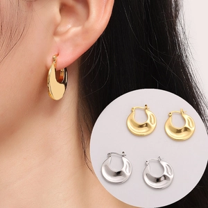 Minimalist Chunky Hoop Earrings For Women Alloy Gold Silver Geometric Crescent U-Shape Metallic Polished Texture Daily Jewelry