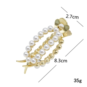 Gold metal hair claw clip with double-layer white pearls and size 8.3cm dimensions