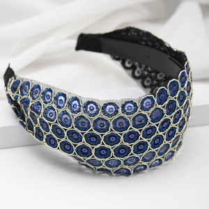 Wide gold trim sequin headband with blue geometric embroidery for elegant styling