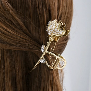 Elegant Gold Alloy Flower Hair Claw Clip Tulip Shape With Imitation Artificial Pearl And Rhinestone Decorative Shark Clip For Women