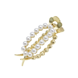 Elegant gold metal claw clip with white double-row pearls for high ponytail bun hairstyles