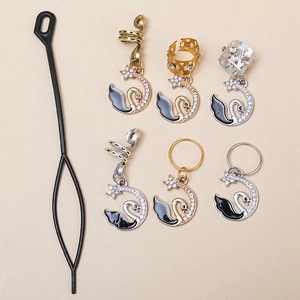 Detailed set of 6 swan braid hair charms with rhinestones and threading tool accessory