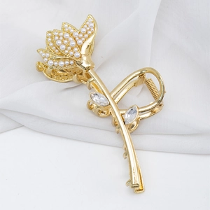 Elegant gold metal tulip hair claw clip with faux pearls and marquise rhinestones