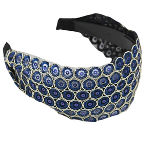 Elegant wide headband with blue sequins and gold hexagonal embroidery on black fabric