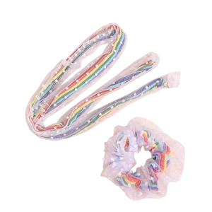 Rainbow mesh hair tie set with white polka dots for girls, includes scrunchie and ribbon