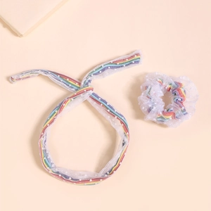 Sweet Rainbow Mesh Polka Dot Scrunchie And Ribbon Headband Hair Accessories For Women Girls Korean Style Ponytail Holder