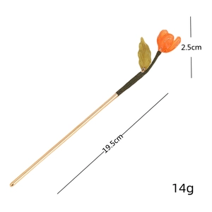 Elegant tulip hairpin for buns with orange resin flower and gold metal stick 19.5cm