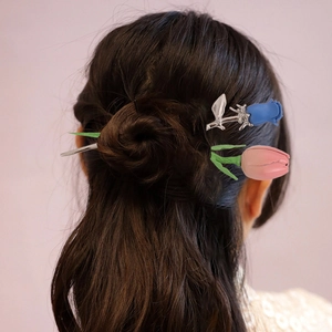 Pic à Cheveux Élégant en Alliage avec Tulipe et Rose pour Femmes Épingle à Cheveux Florale Style Rétro Accessoires de Coiffure pour Fête Quotidien