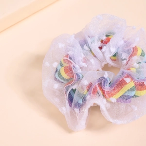 Pastel rainbow heart pattern mesh scrunchie with white flocking polka dots for women
