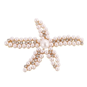 Broche étoile de mer élégante avec perles blanches et strass sur base dorée