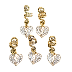 5Pcs set of golden dreadlock spirals with sparkling rhinestone broken heart pendants