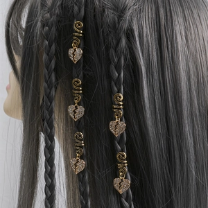 Golden heart dreadlock hair rings set with sparkling rhinestones for braided hair styling
