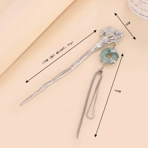 Vintage silver tassel hair stick with pearl and green emerald pendant for women
