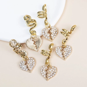 Gold spiral hair rings with rhinestone heart pendants for dreadlocks and braids set of 5