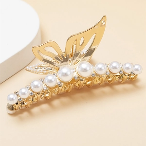 Eleganter Schmetterling-Haarclip aus Goldmetall mit weißen Perlen und Strasssteinen