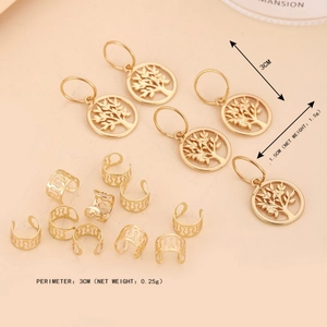Golden hollow hair rings with tree of life pendants for braids and dreadlocks styling