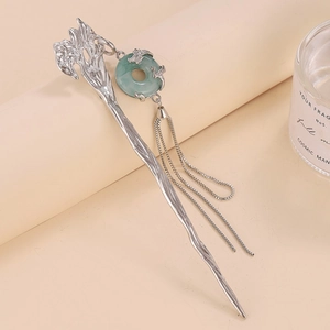 Vintage Chinese tassel hair pin with green jade-style pendant and silver metal texture
