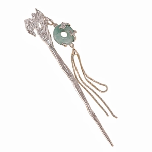 Vintage Chinese hair pin with green jade ring, dragon accents and silver metal tassels