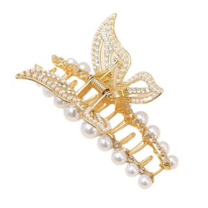 Eleganter goldener Schmetterling Haarklammer mit Kristallflügeln und weißen Perlen auf weißem Grund