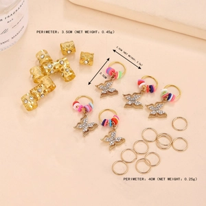 Golden boho hair jewelry set with hollow rhinestone rings and butterfly pendants for braids