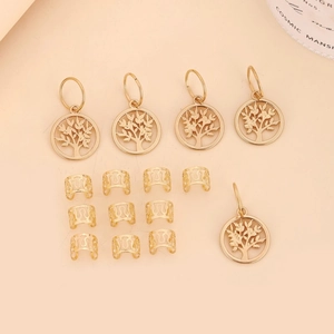 Golden hair braid jewelry set with Tree of Life leaf charms and textured hollow rings