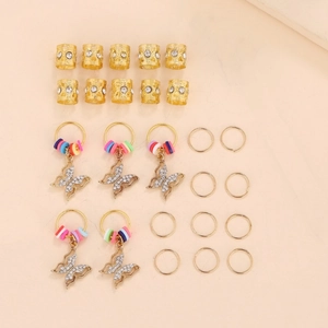 25-piece gold braid hair accessory set with hollow rhinestone tubes and butterfly pendants