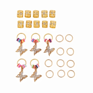 Golden dreadlock jewelry set with butterfly pendants and crystal hair rings for DIY braids
