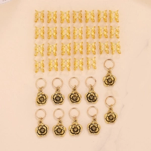 Kit bijoux de cheveux avec bagues creuses dorées et breloques rose pour nattes africaines