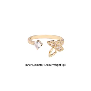 Elegant gold butterfly open ring with sparkling zircon stones and adjustable diameter