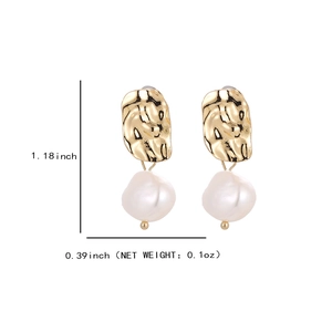 Baroque pearl earrings with hammered gold metal plating in a vintage minimalist design
