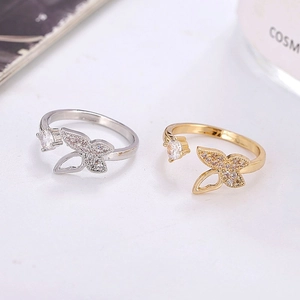 Elegant adjustable butterfly rings with sparkling zircons in gold and silver finish
