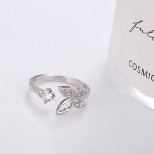 Luxurious silver-toned butterfly open ring with sparkling zircon inlays for women