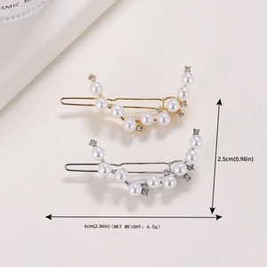 Elegant C-shape hair pins with white pearls and rhinestones on gold and silver metal base