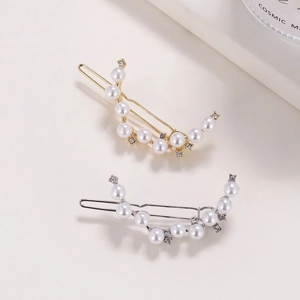 Elegant C-shaped pearl hair clips with rhinestones in gold and silver finish