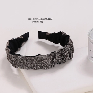 Serre-tête plissé noir orné de strass argentés brillants pour femme, tour de 43cm