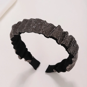 Serre-tête plissé avec strass en tissu noir et cristaux gris pour femmes