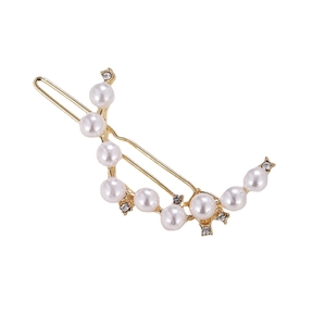 Elegant gold crescent hair clip with round pearls and sparkling rhinestones for women