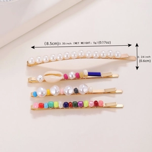 Bohemian style hair clip set with natural shells, pearls and colorful beads 8.5cm long