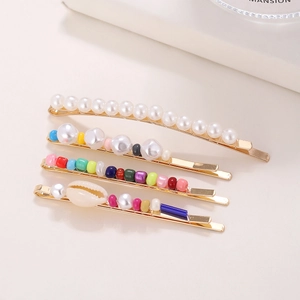 Bohemian Shell Faux Artificial Pearl Hair Clips Gold Alloy Colorful Beaded Hairpins For Women Summer Vacation Hair Accessories