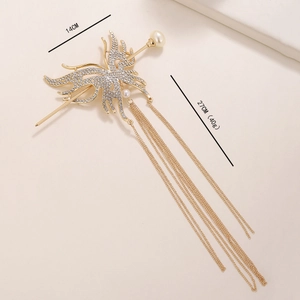 Elegant gold butterfly hair stick with rhinestones and long tassel chain fringe