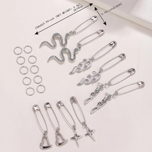Punk style silver safety pins with snake skull flame charms for DIY jewelry making