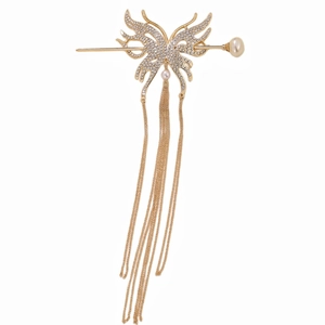 Detailed macro view of golden metal butterfly hair pin with tassels and white rhinestones