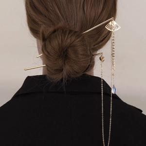 Vintage Chinese Style Fan Heart Tassel Hair Stick Elegant Gold Metal Hair Fork For Women Hanfu Decorative Hair Accessory