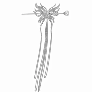 Detail view of silver butterfly hair stick with long tassel chains and rhinestone accents