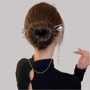 Retro Chinese style fan hair stick with silver tassels and water drop pendants