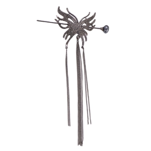 Vintage metal butterfly hair stick with tassel chain and dark gemstone details