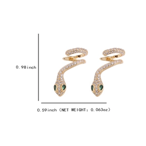 Bagues d'oreilles serpent dorées avec zircons blancs et yeux verts, 0,98x0,59 pouces